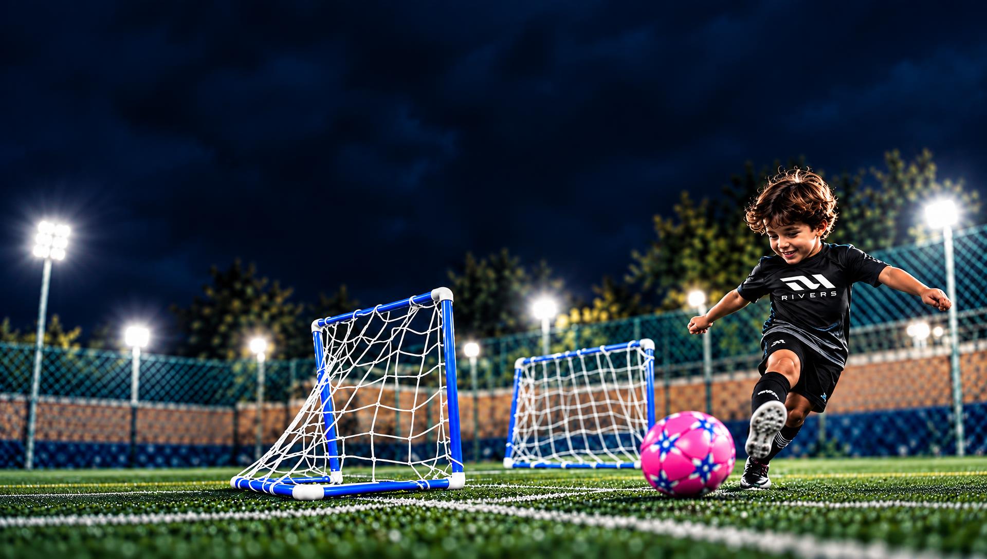 Niño pateando un balón frente a dos porterías RIVERS en una cancha de noche